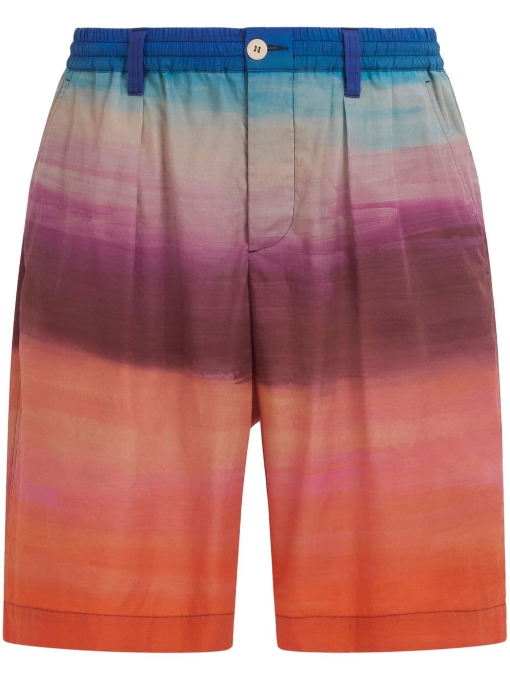 Painterly-Print Pleated Cotton Shorts