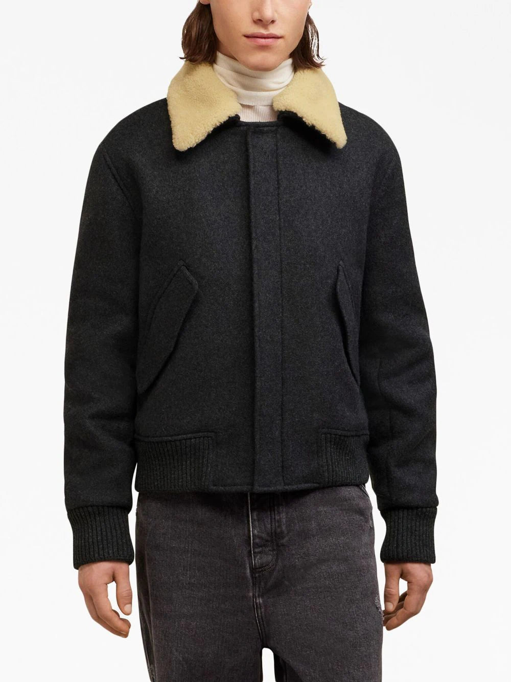 Shearling-Collar Wool Bomber Jacket