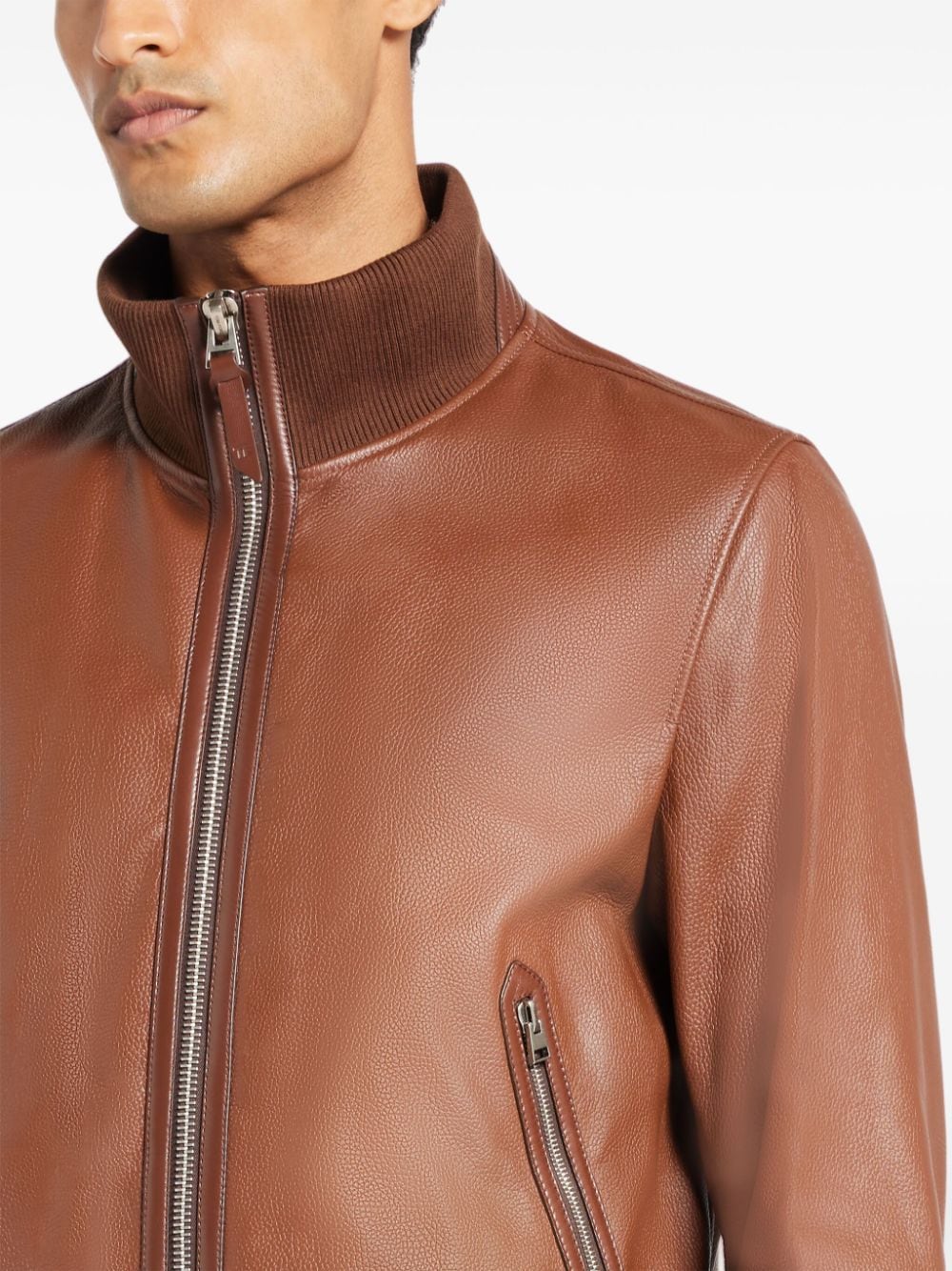 Ribbed-Edge Leather Bomber Jacket