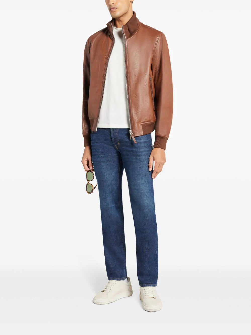 Ribbed-Edge Leather Bomber Jacket