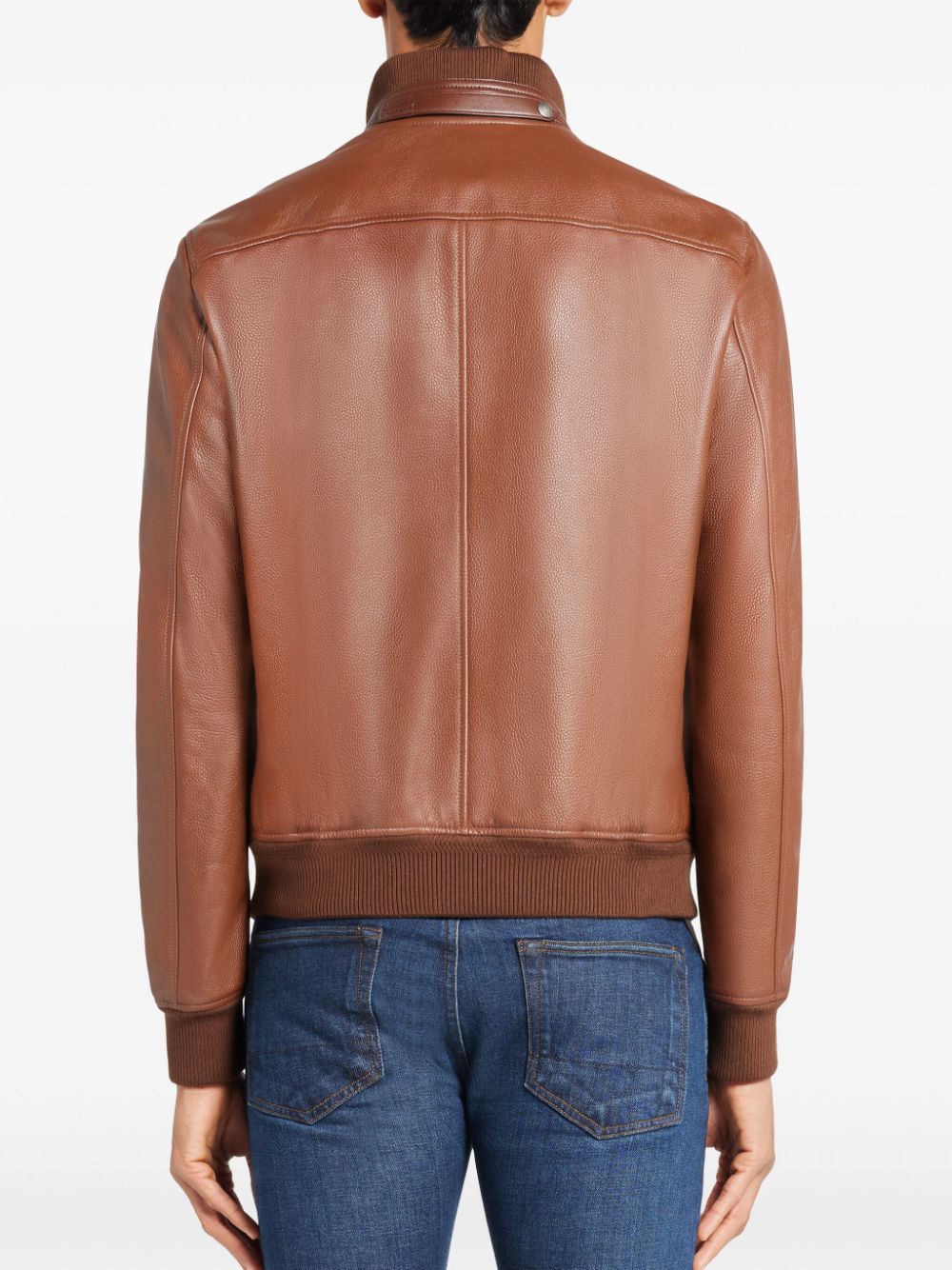 Ribbed-Edge Leather Bomber Jacket